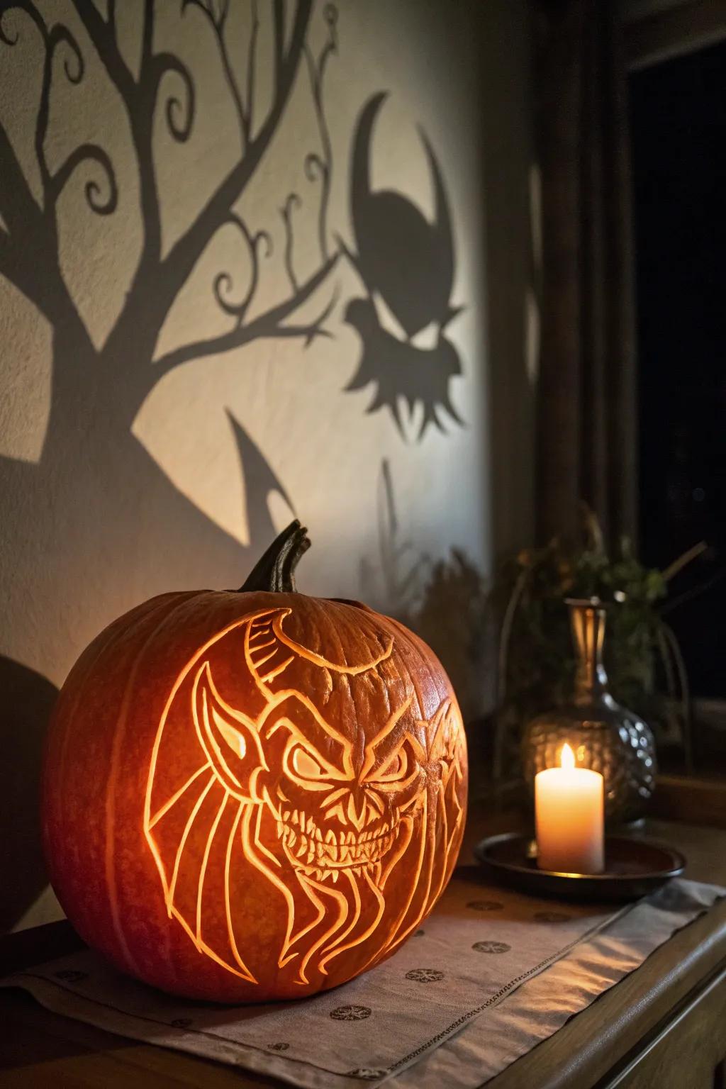 Illuminate the night with this shadow demon pumpkin carving, where light and dark dance in perfect contrast.