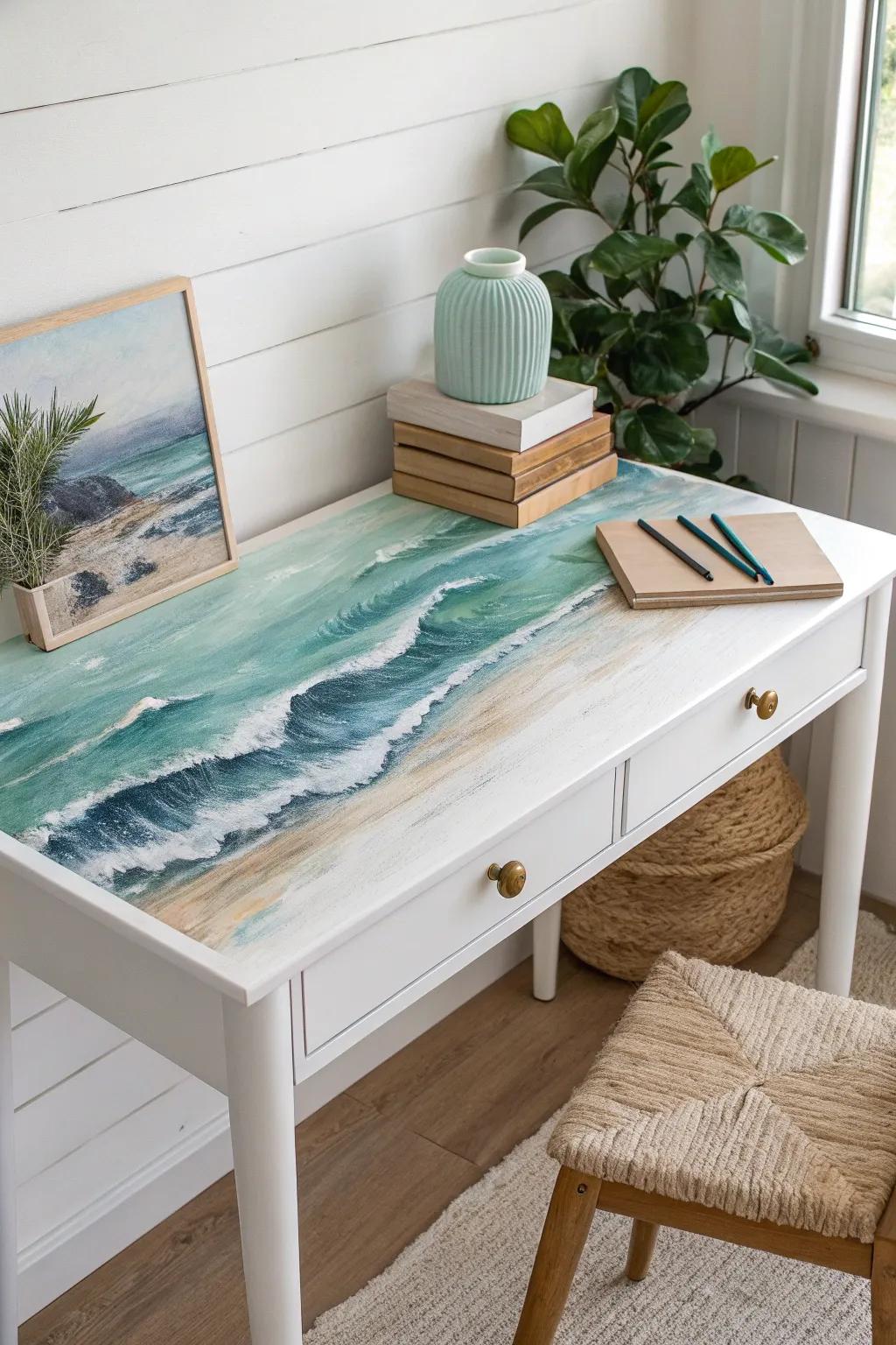 Transform your workspace into an oceanic escape with this abstract desk painting idea, where creativity meets serenity.