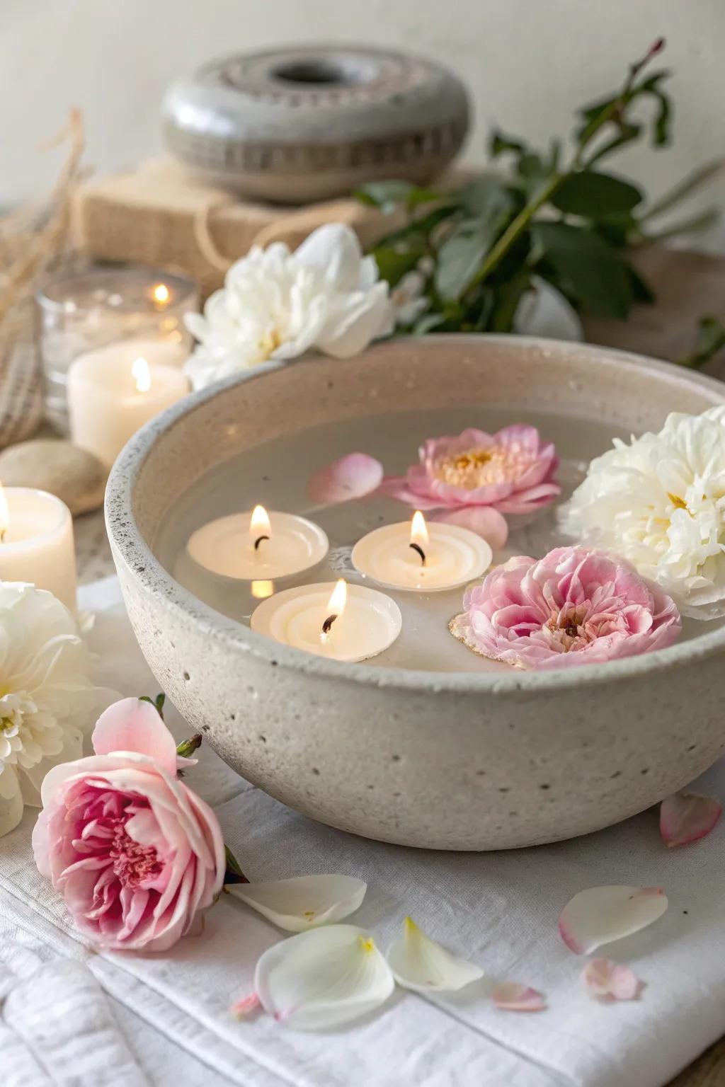 Elevate your celebration with this serene floating candle and flower centerpiece, radiating simplicity and natural beauty.