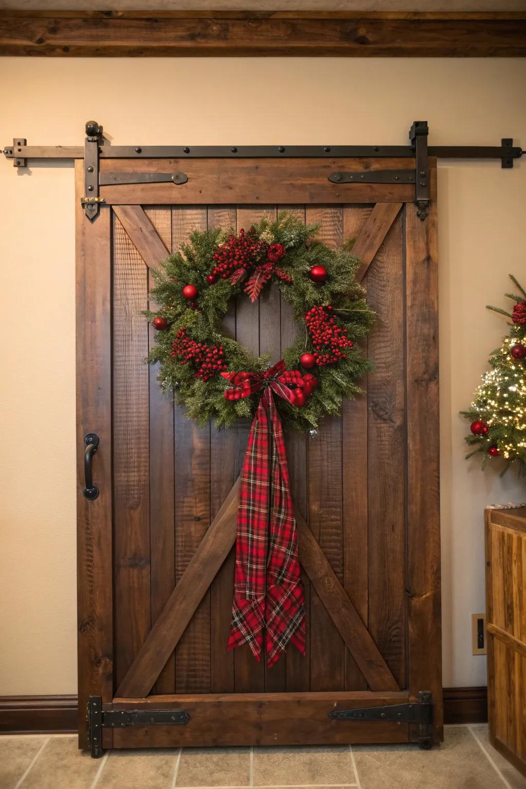 Elevate your barn door with seasonal charm and decorative accents.