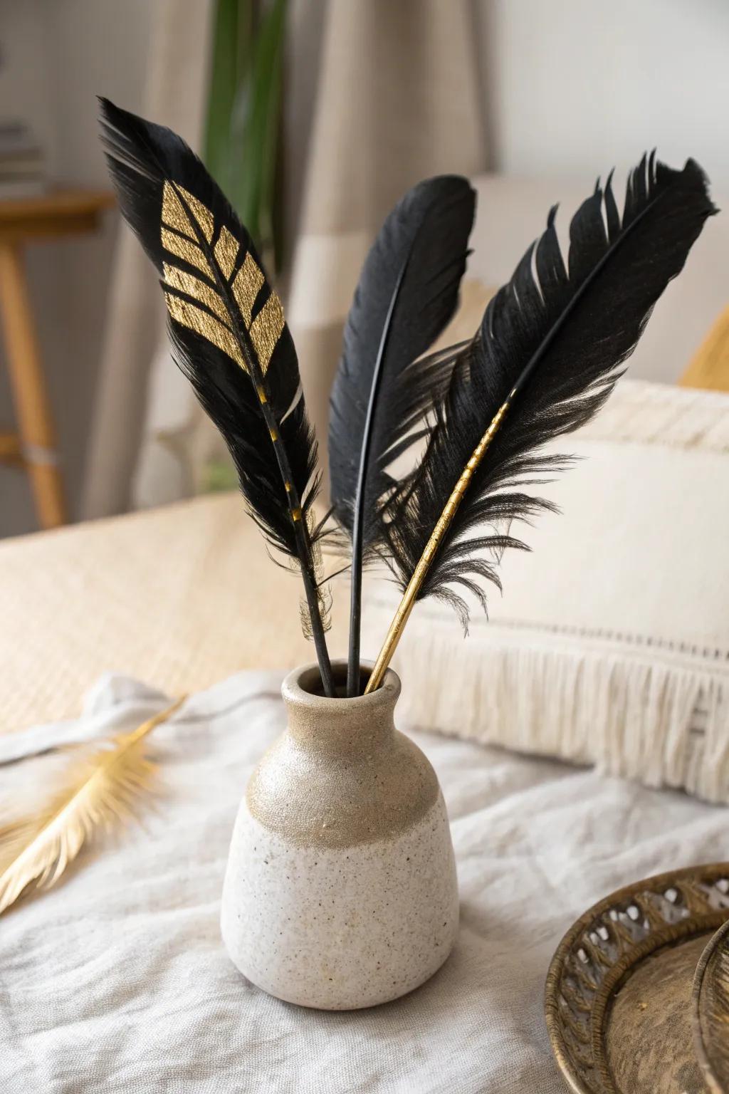 Elevate your decor with a touch of feathery flair: Black and gold elegance redefined.