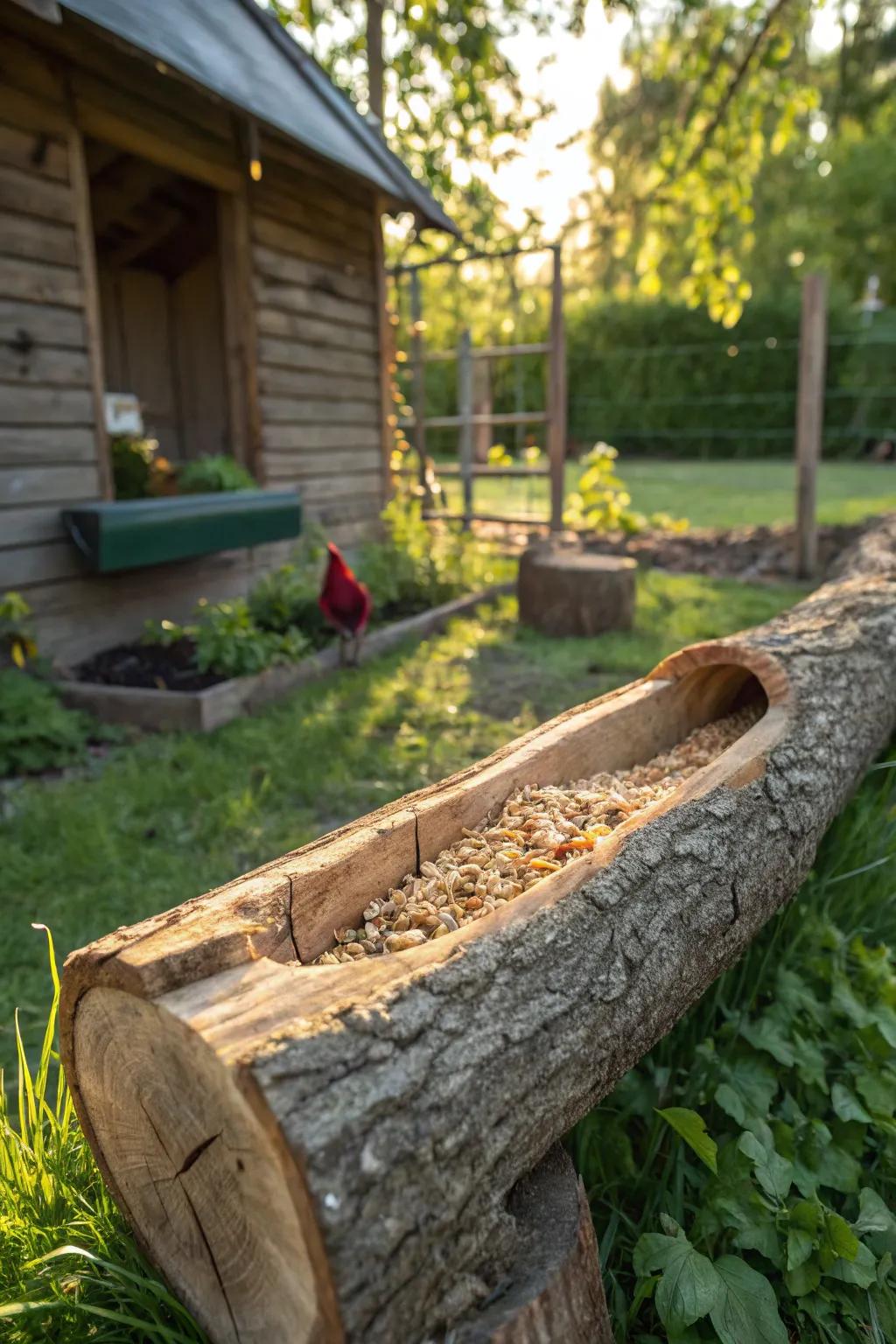 Elevate your coop's style with this rustic log feeder—where nature meets function.