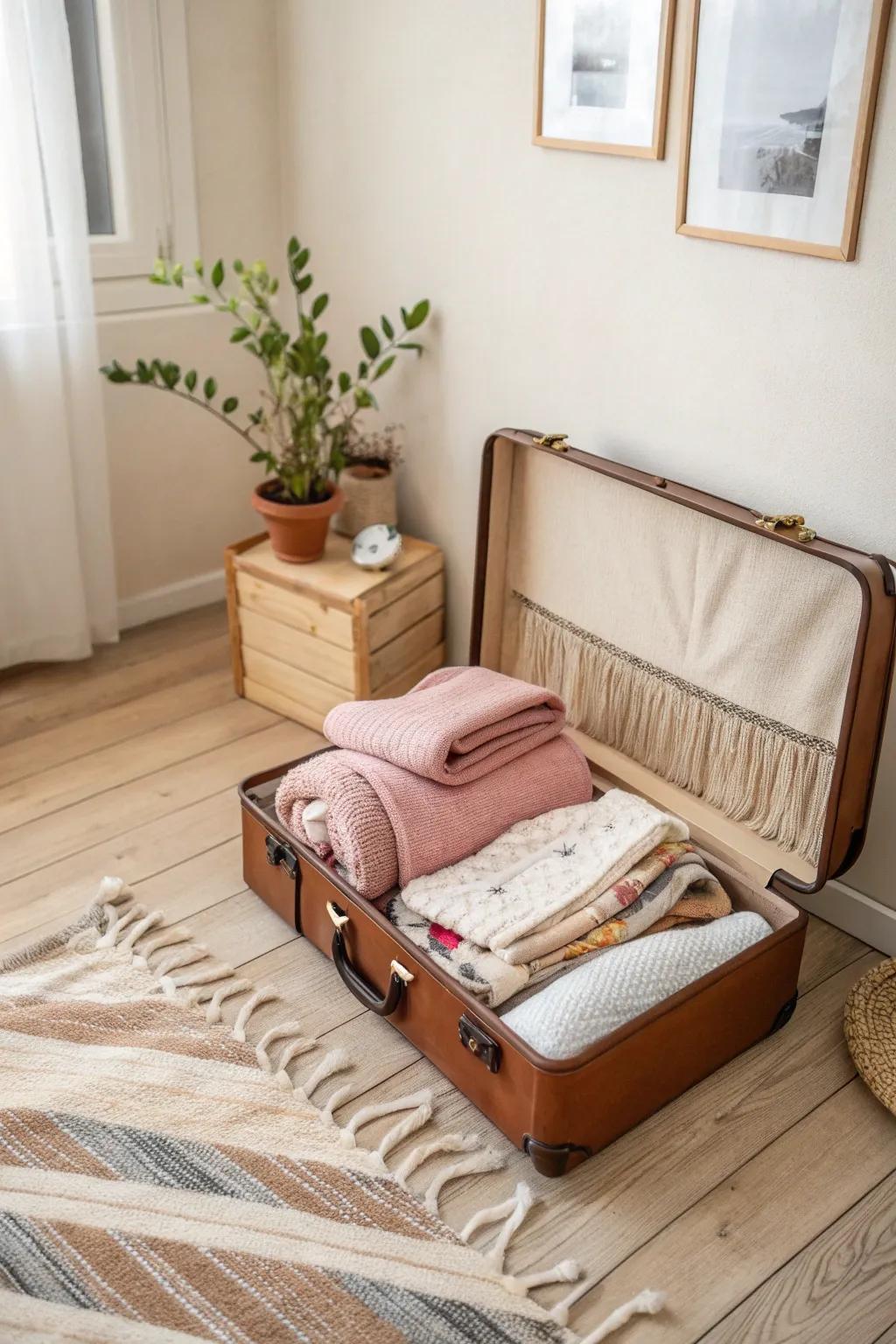 Transform your closet with vintage charm: Use an old suitcase for stylish seasonal storage.