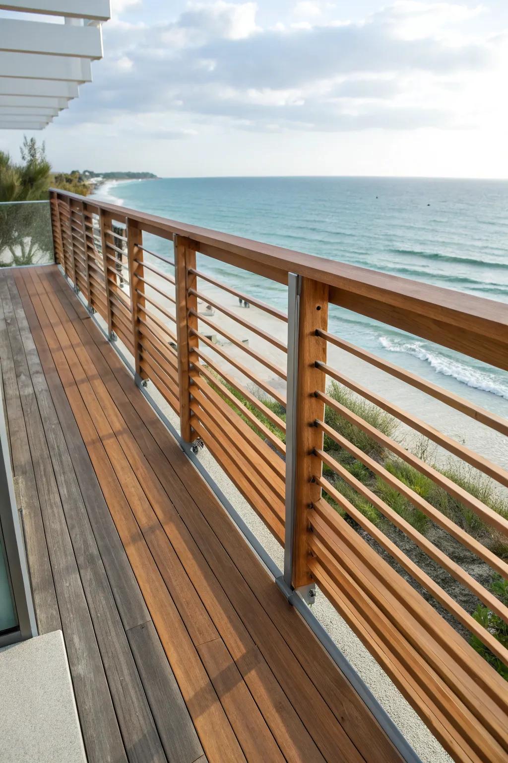 Elevate your outdoor space with the modern elegance of horizontal slat railings, perfect for a stylish beach house retreat.
