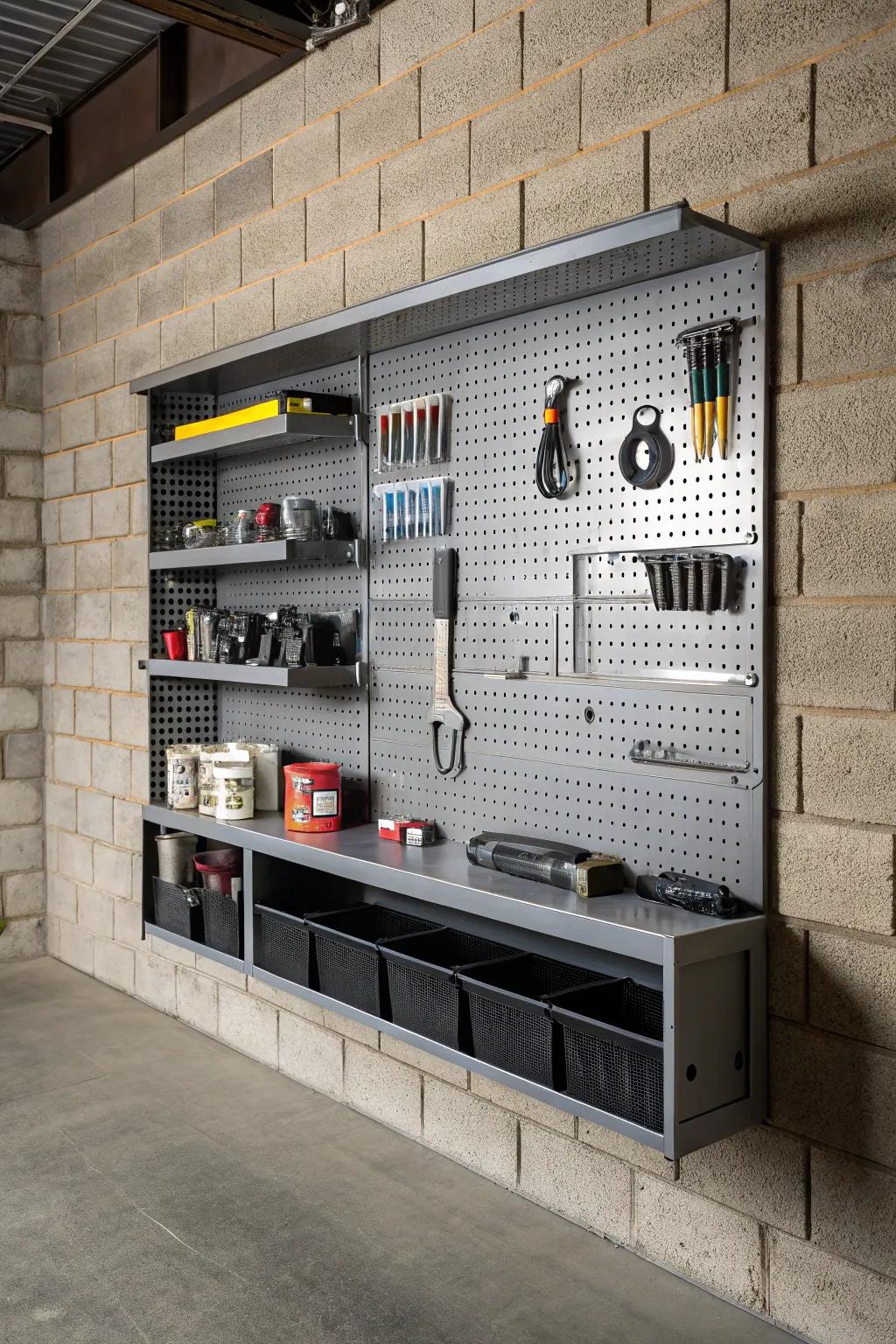 Transform your garage with customizable pegboard shelves that keep tools within arm's reach and your space impeccably organized.