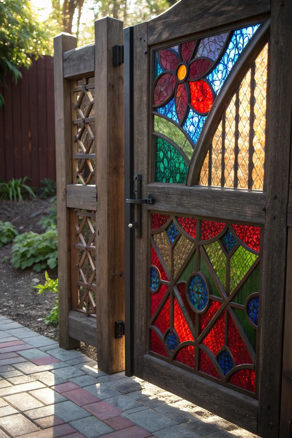 Transform your garden with a stunning stained glass gate that plays with light and color.