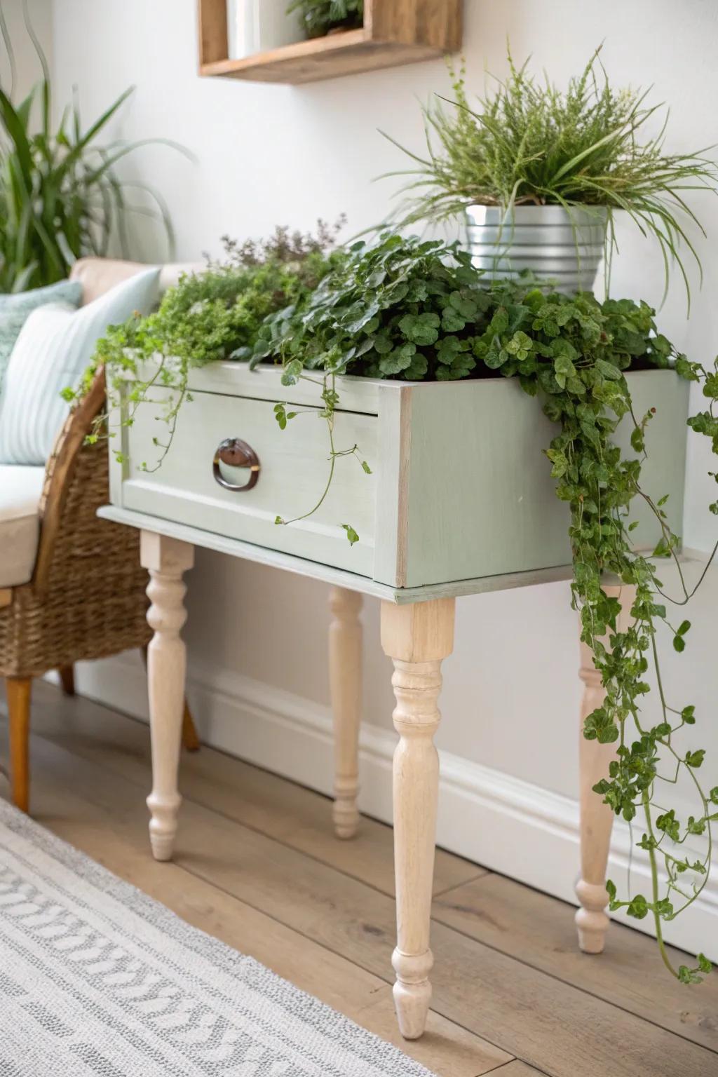 Transform old drawers into charming elevated planters for a unique, stylish touch to your space.