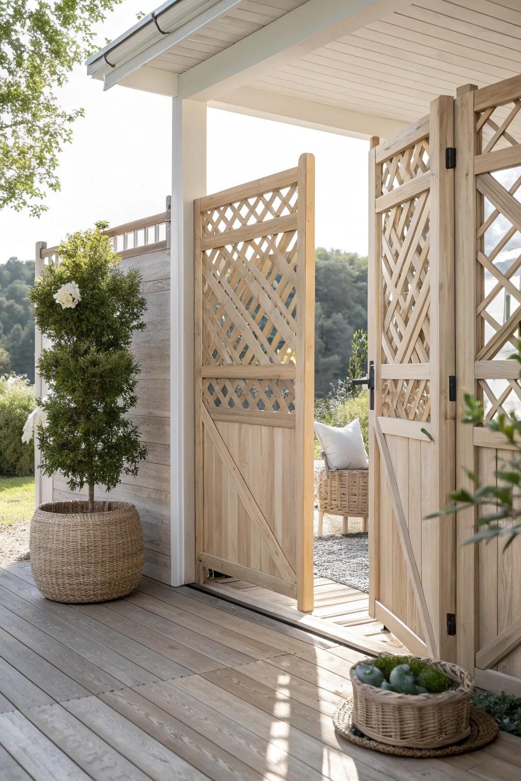 Elevate your deck with a stunning sliding lattice gate that blends security and style seamlessly.