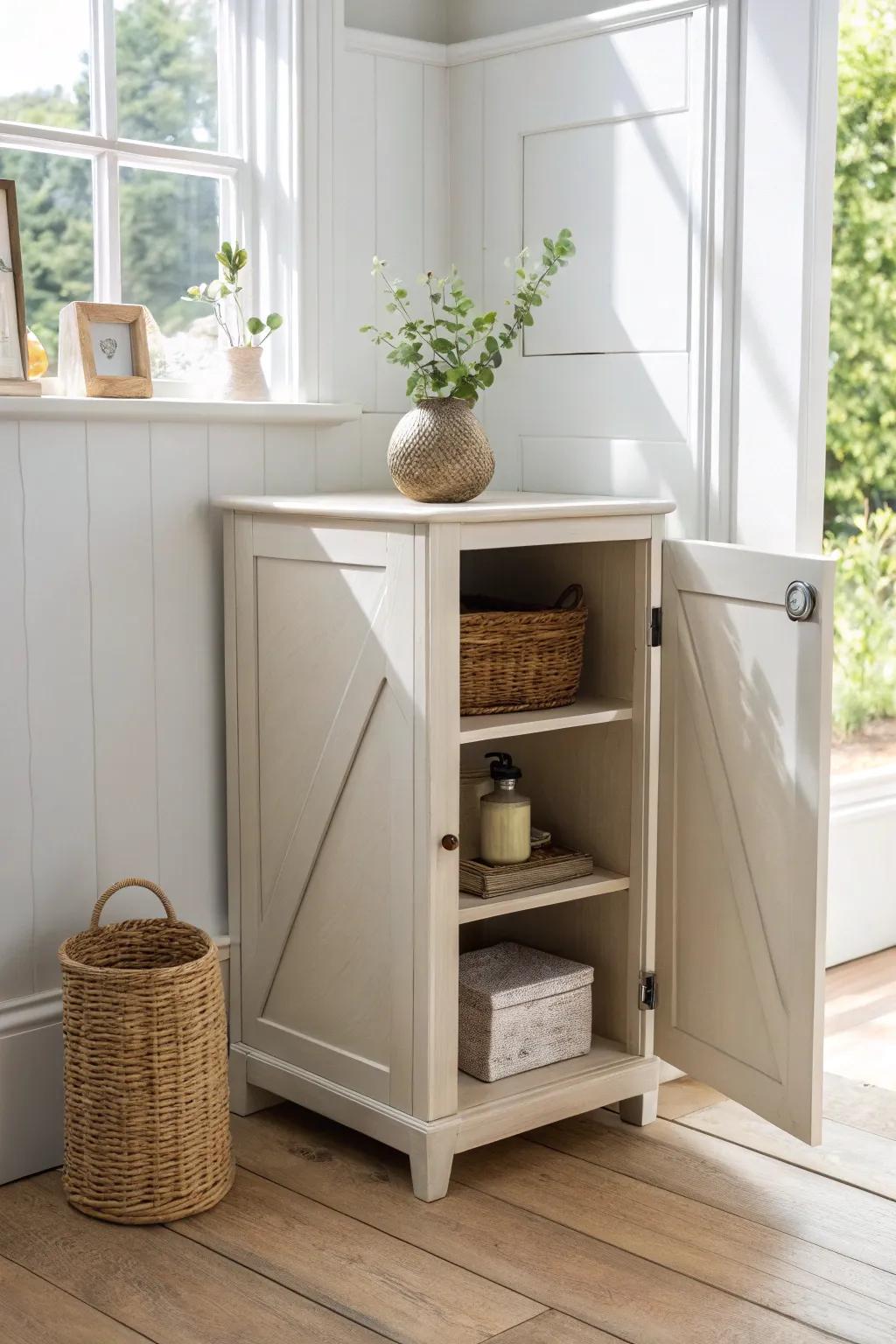 Seamless style meets smart functionality with this chic corner cabinet litter box solution. #MinimalistLiving #BohoCharm