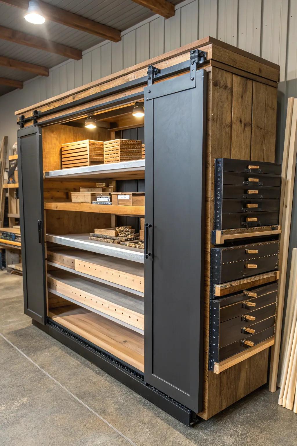 Transform your workspace with this space-saving sliding lumber rack from an upcycled cabinet!