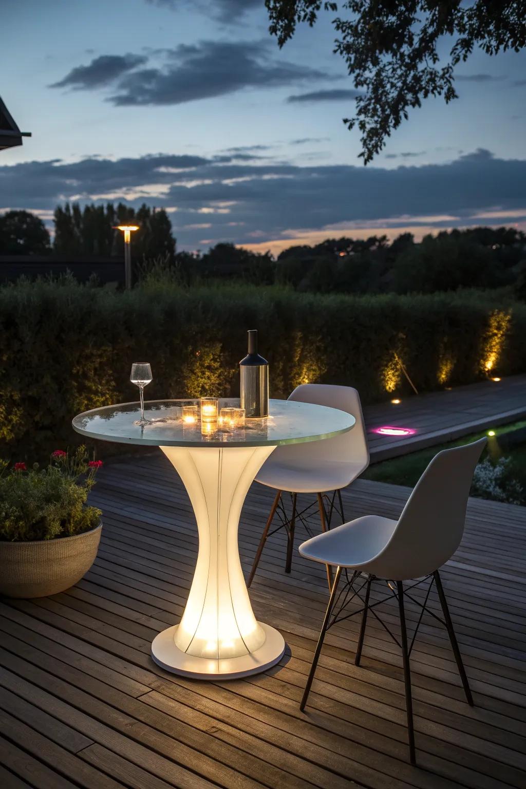 Transform your outdoor space with an illuminated glass top table for magical evenings.