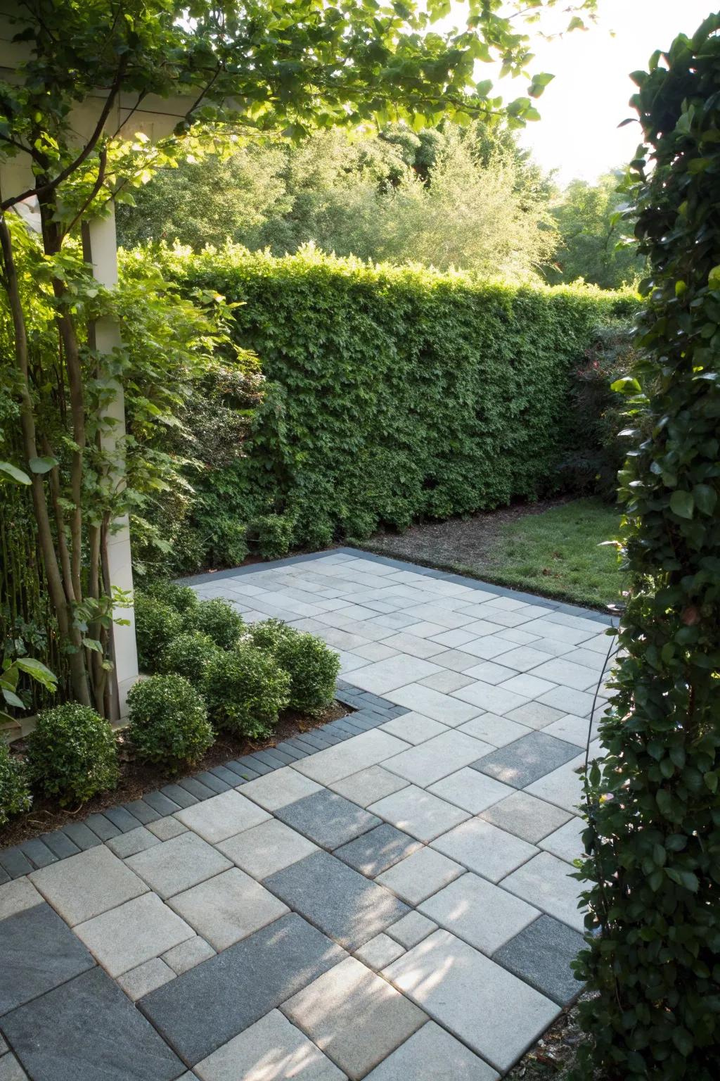 Transform your patio into a serene retreat with lush green borders.