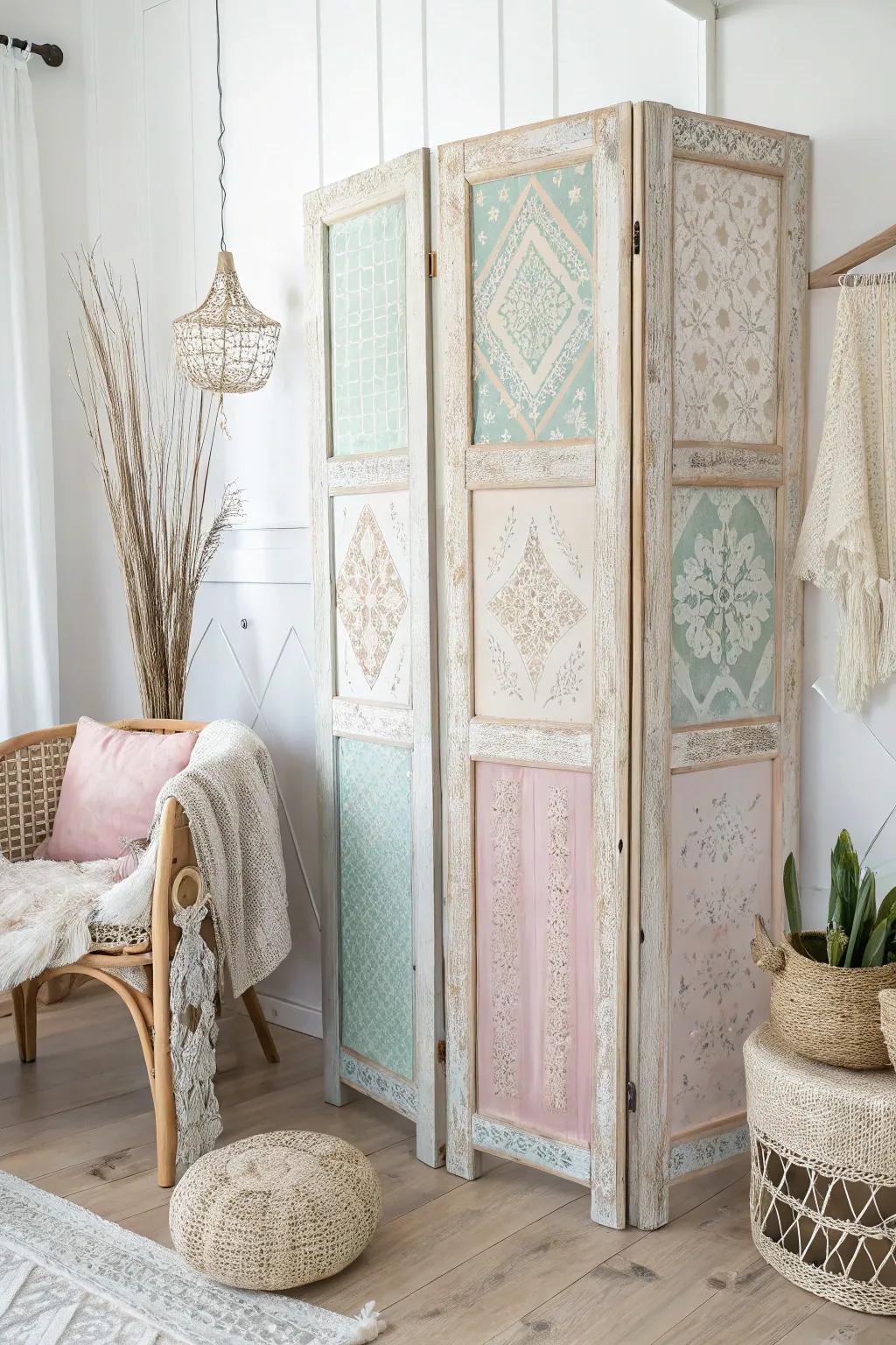 Transform salvaged doors into a stunning privacy screen for a chic, bohemian touch in your minimalist space.