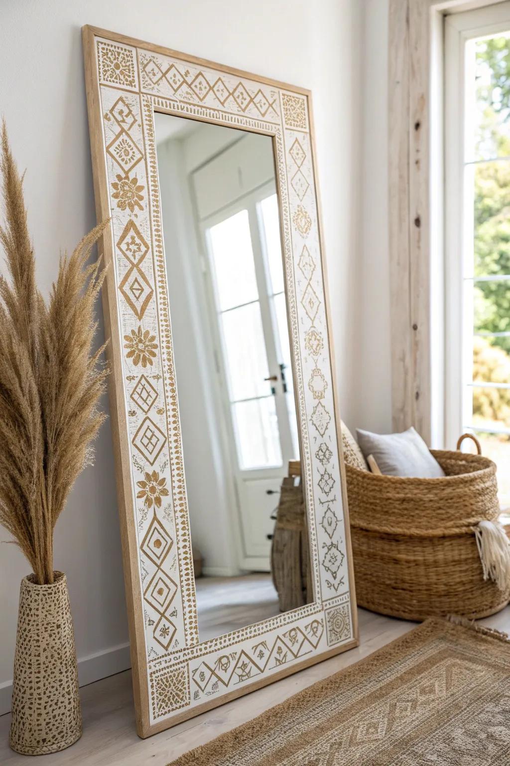 Transform your space with a stenciled border mirror for a touch of boho elegance.