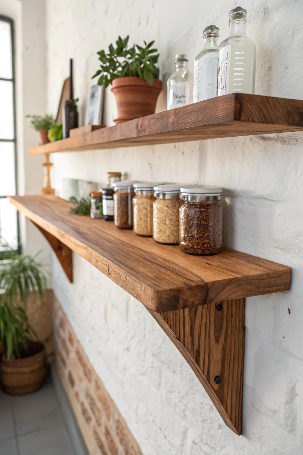 Elevate your space with this elegant butcher block shelf—where functionality meets minimalist charm.