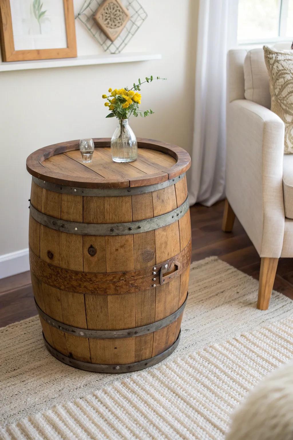 Add a touch of rustic charm to your space with a beautifully repurposed barrel table. Perfect for those who cherish simplicity and craftsmanship.