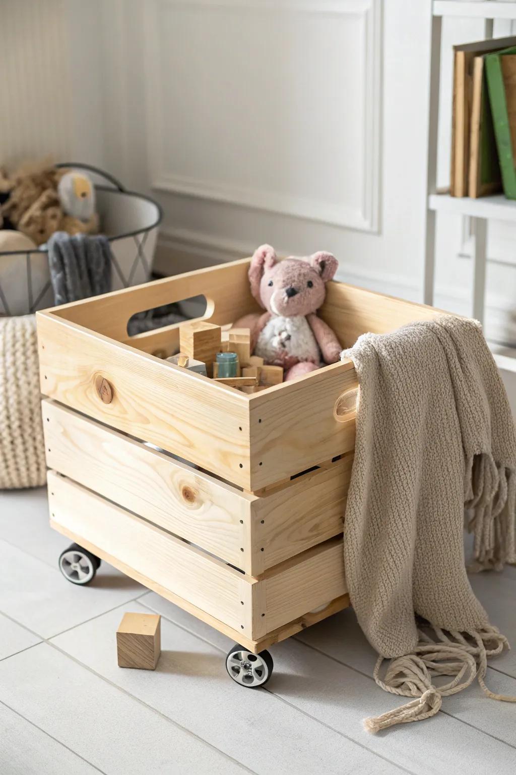 Effortless elegance meets playful practicality with this DIY Rolling Crate — perfect for keeping playtime tidy and stylish!