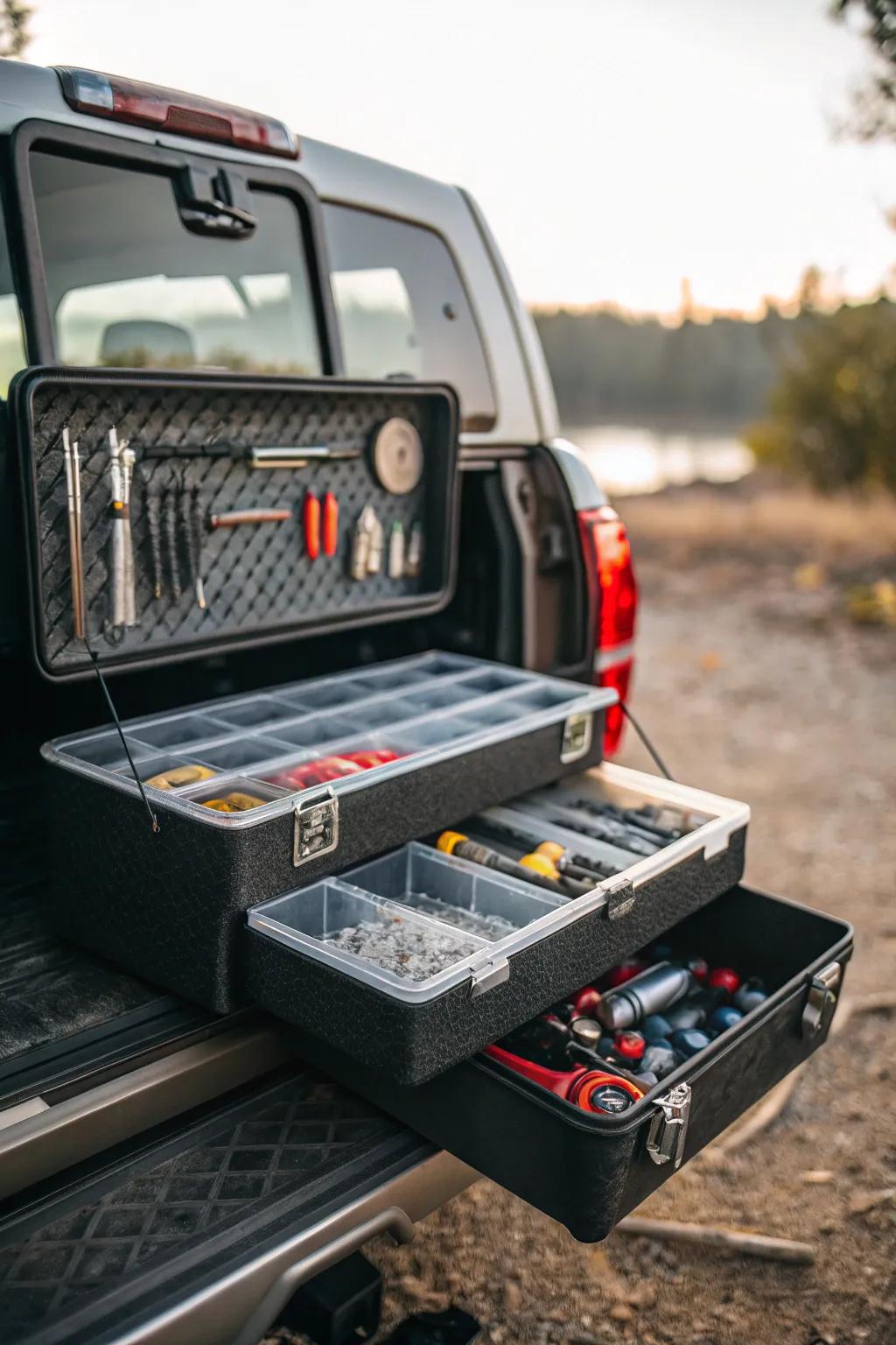 Transform your truck storage with a fishing tackle box—organized, visible, and within reach.