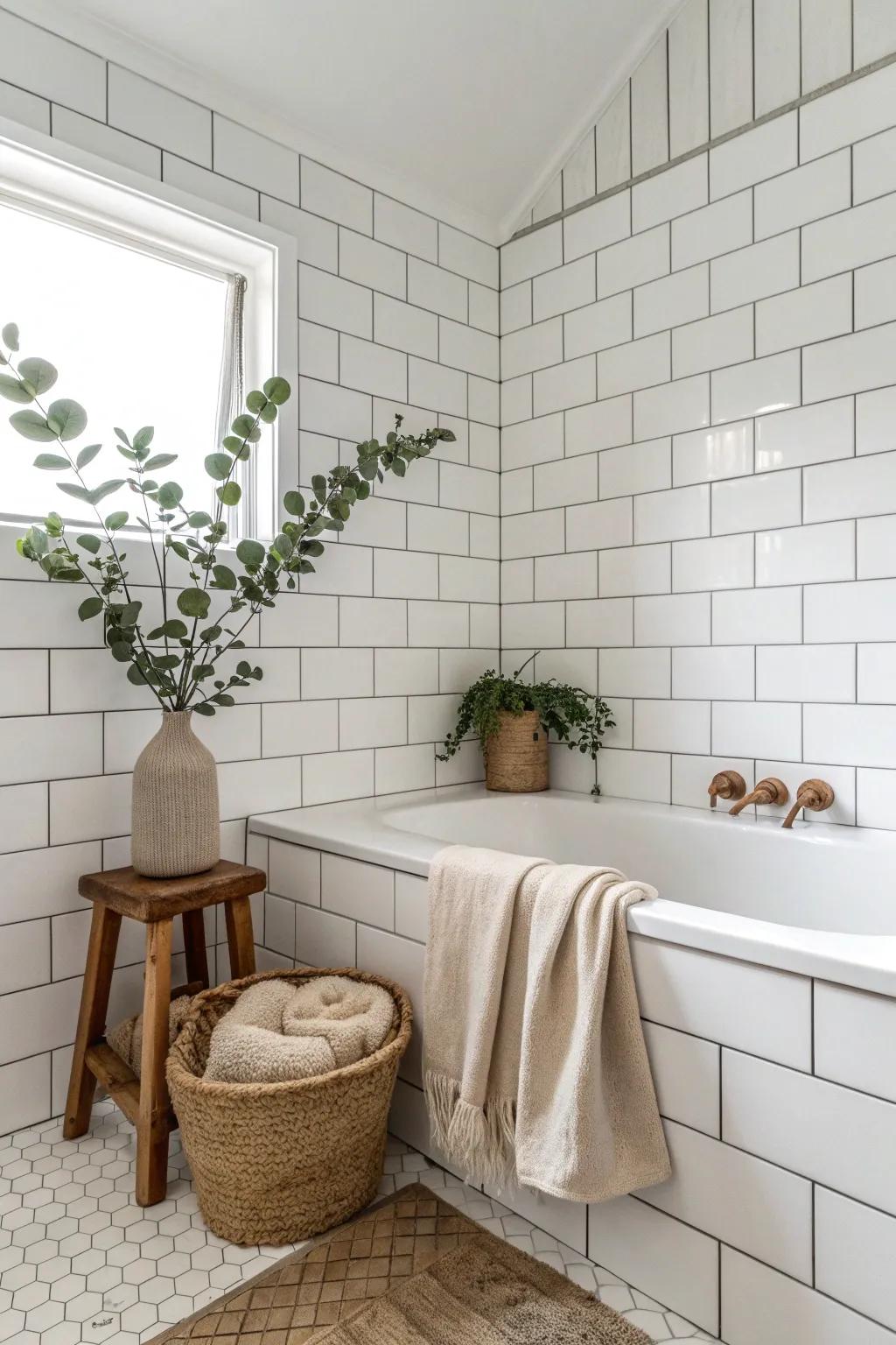 Elevate your bathroom with the timeless elegance of subway tiles, extended to the ceiling for a spacious, minimalist look.