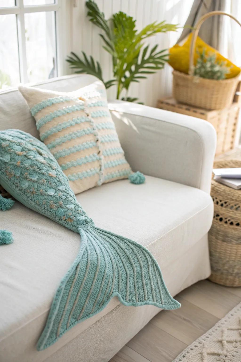 Dive into comfort and fantasy with this charming mermaid tail pillow, perfect for a serene living space.