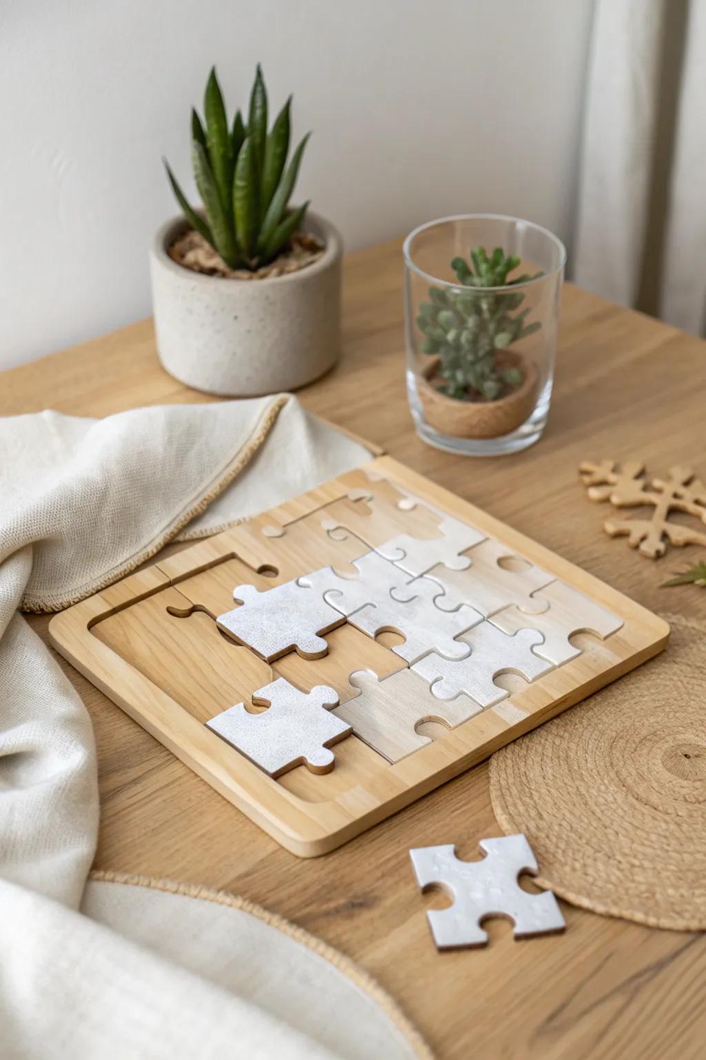Discover the art of mixed materials with this stunning wooden and acrylic puzzle that adds a touch of elegance to any space.