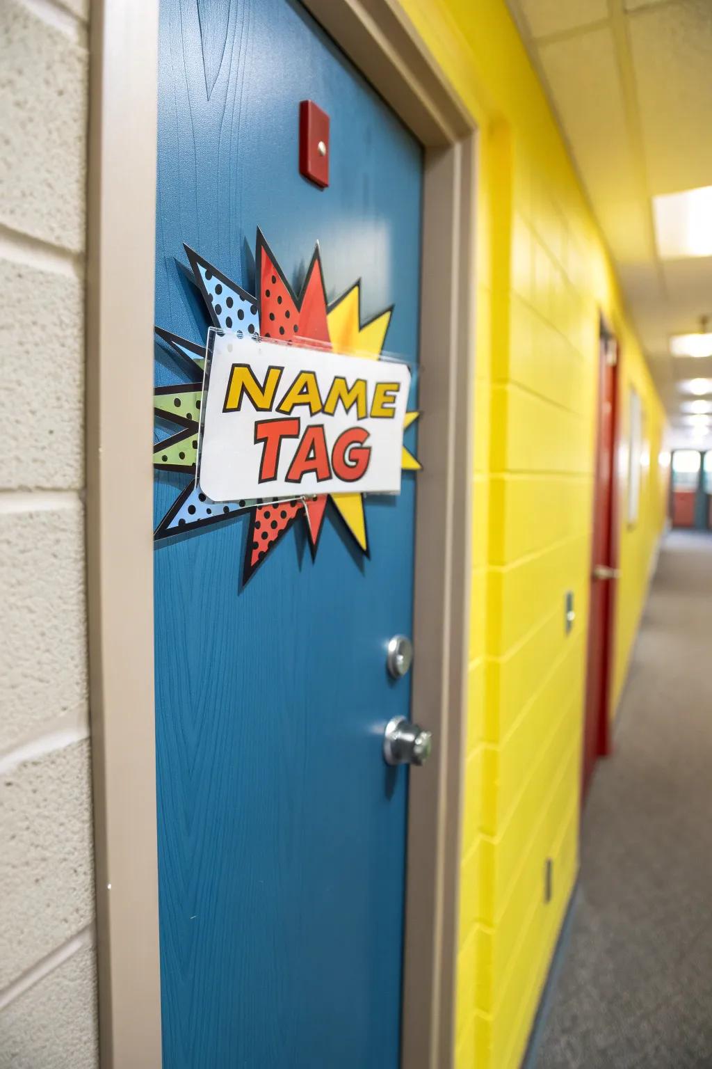 Comic book-themed name tags bring action and excitement to your decor.