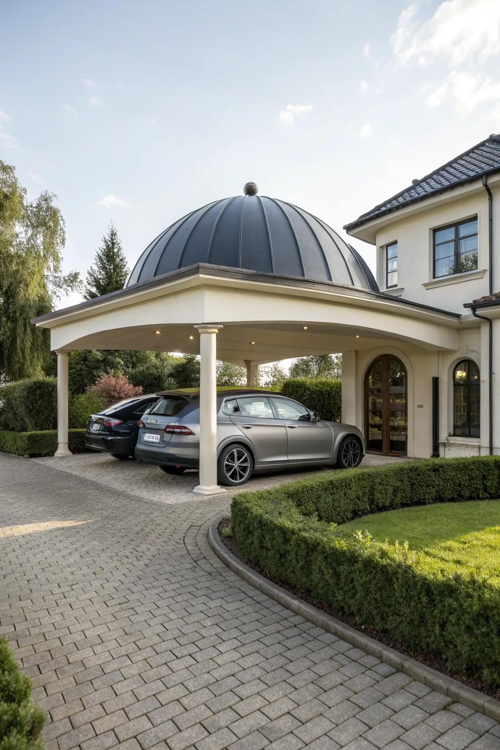A carport that stands out with its elegant domed roof design.