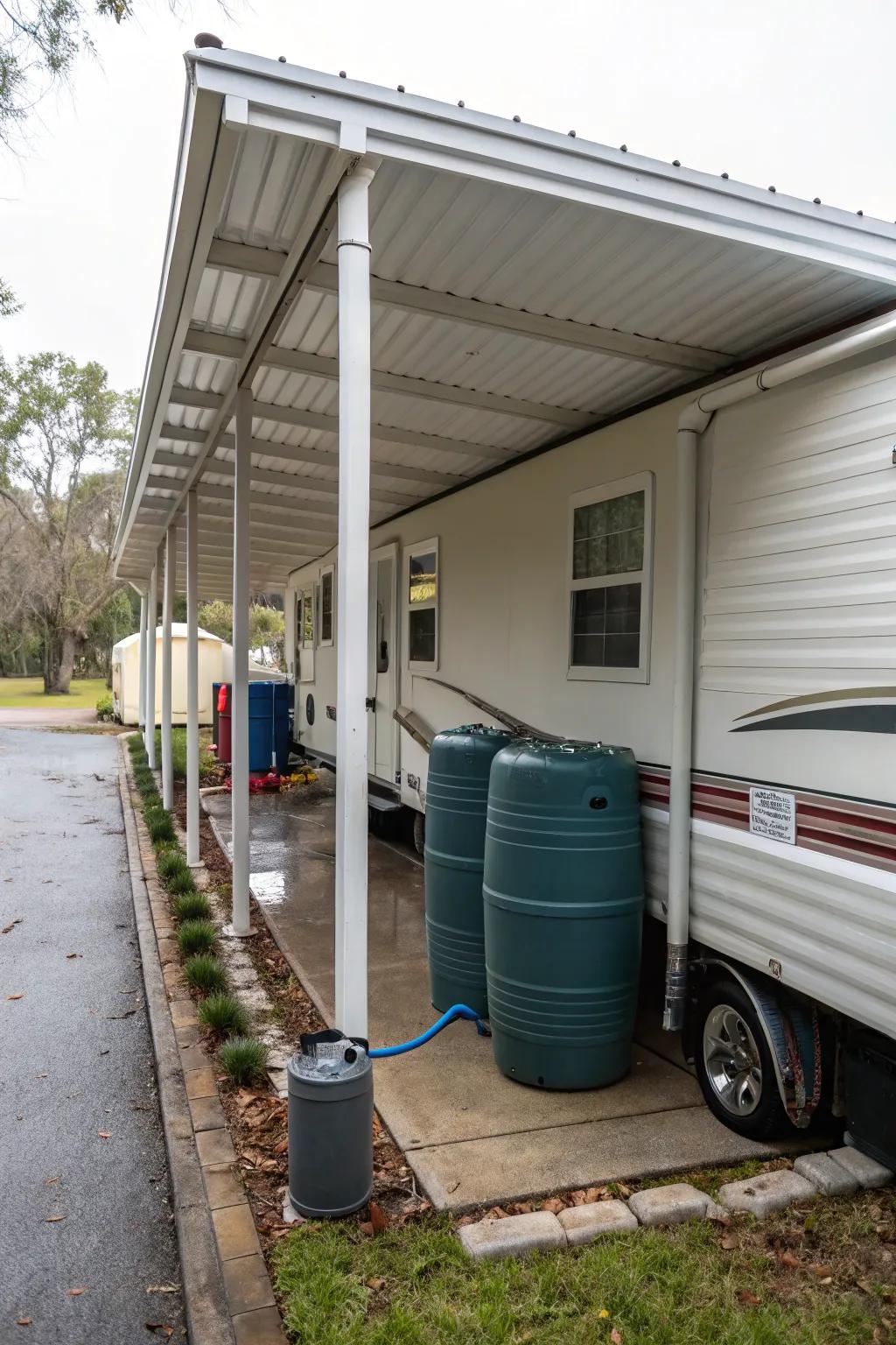 A carport designed with a water collection system for sustainable living.