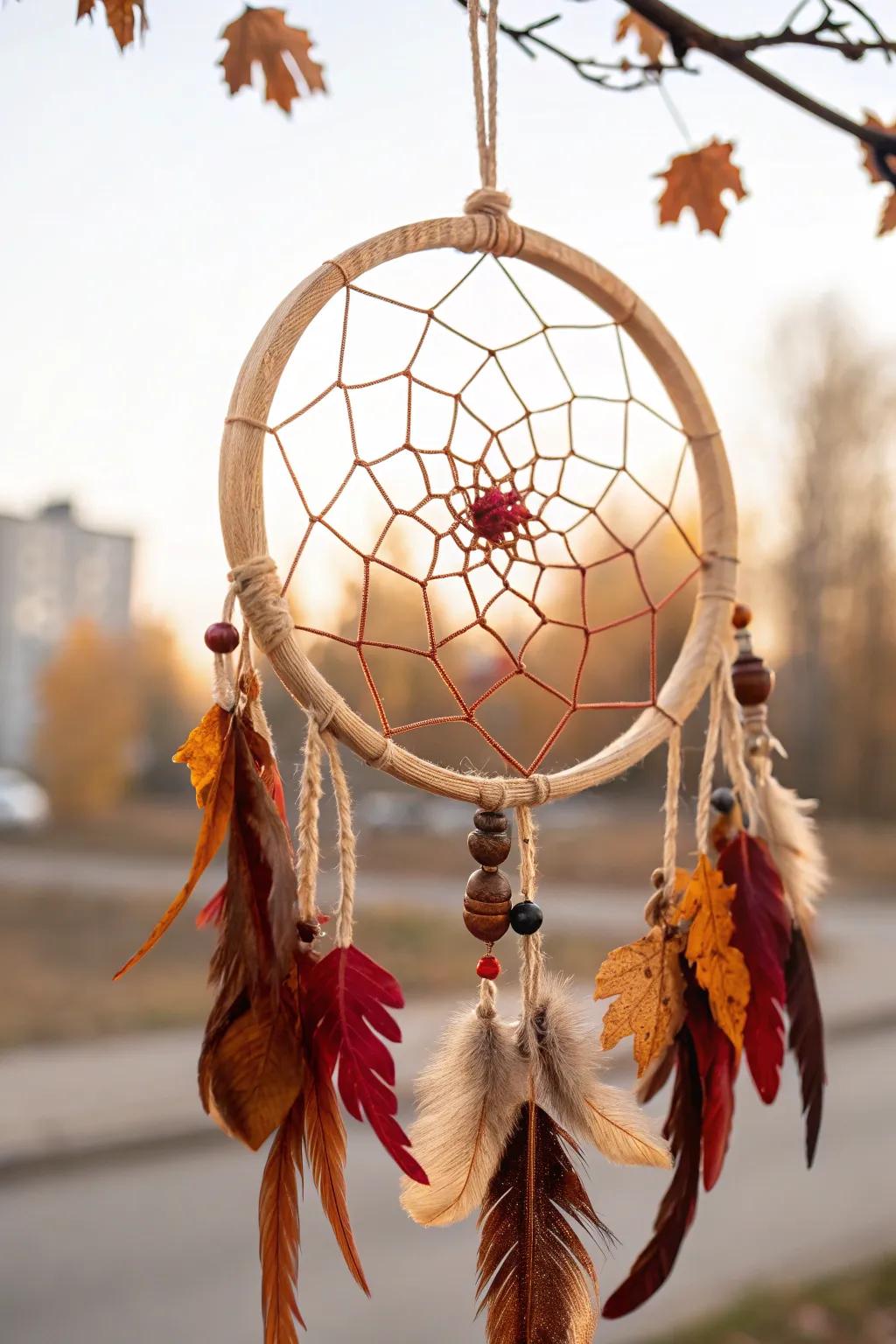 Embrace the warmth of autumn with this elegantly crafted seasonal dream catcher. 🍂✨