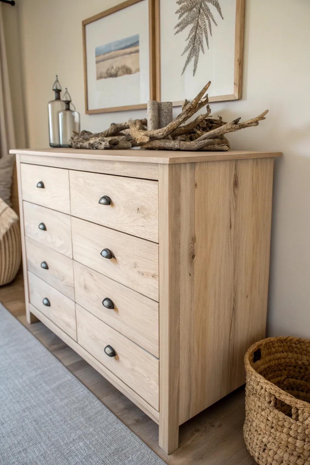 Embrace nature's charm with this driftwood-adorned dresser, a perfect blend of minimalist elegance and bohemian warmth.