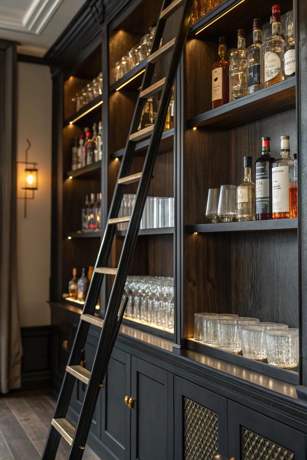 Elevate your home bar: The perfect blend of style and functionality with a rolling ladder.
