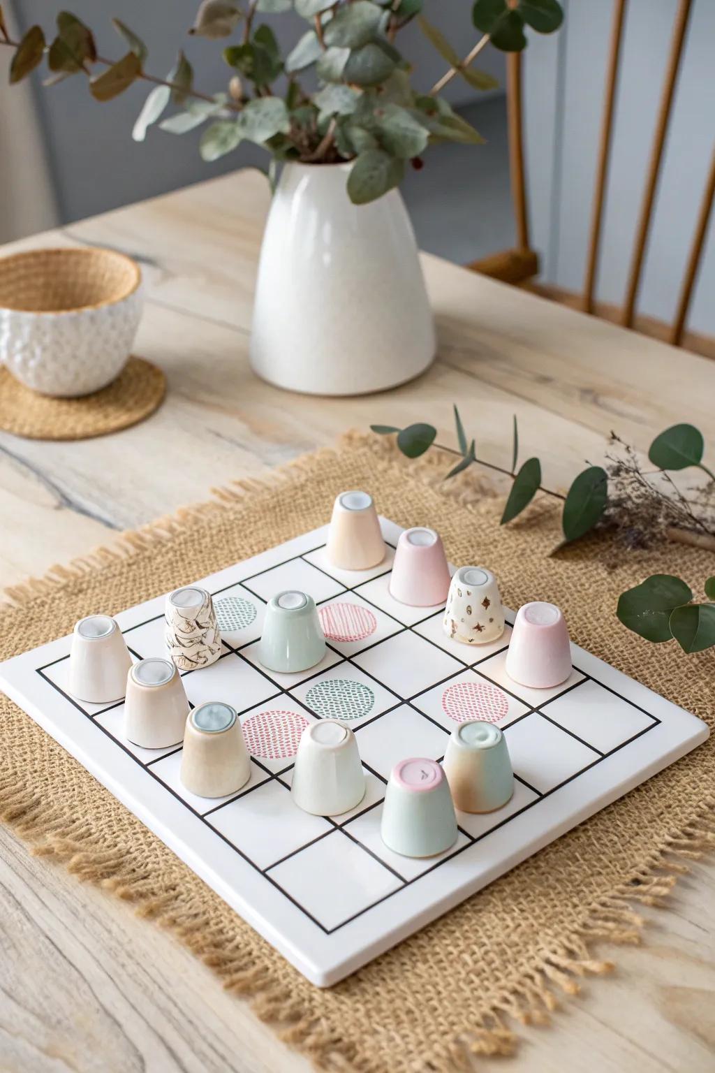 Elevate your game night with a chic Painted Shot Glass Tic-Tac-Toe set. Perfect blend of fun and style!