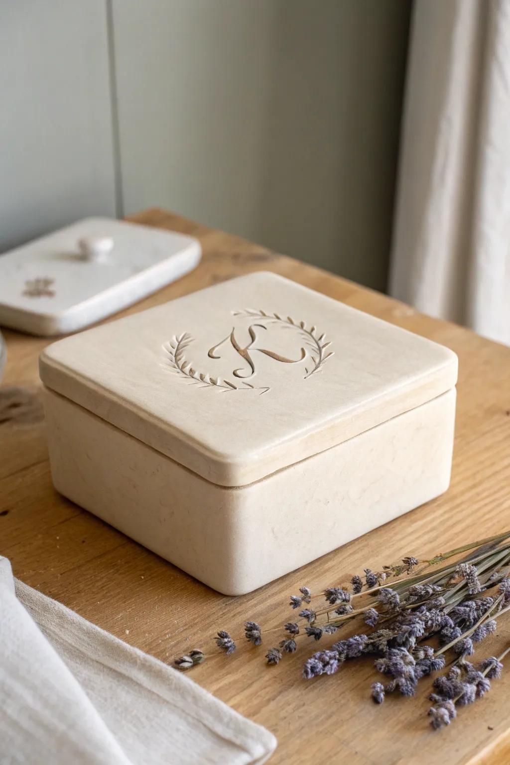 Add a personal touch with bespoke monograms on handcrafted clay boxes.