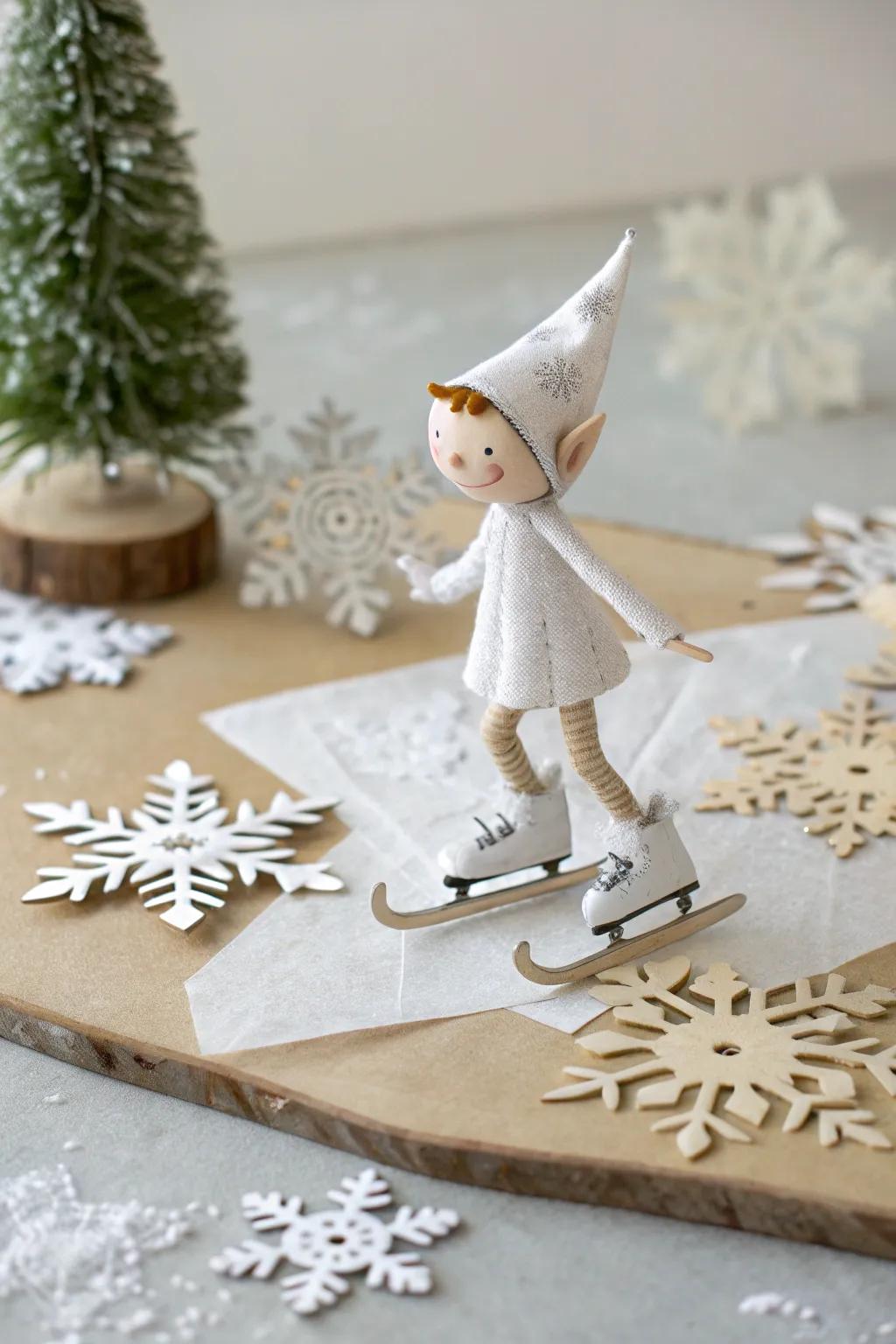 Whimsical Winter: A charming elf glides on a homemade ice rink, capturing the joy of the season with minimalist elegance.