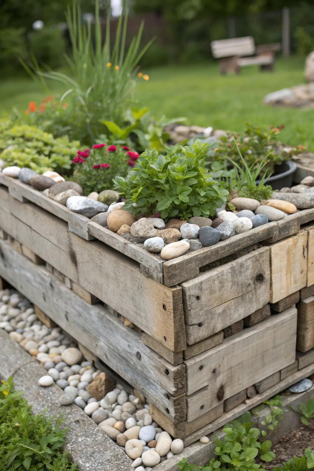Elevate your garden with the perfect blend of rustic pallets and sleek stones for a standout look.