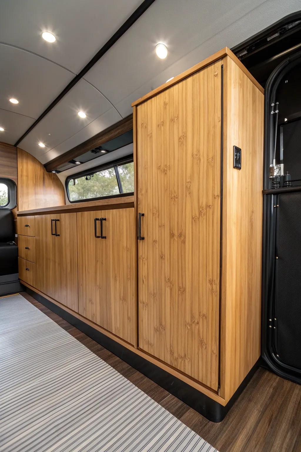 Elevate your trailer's style with eco-friendly bamboo cabinets that blend sustainability with modern design.