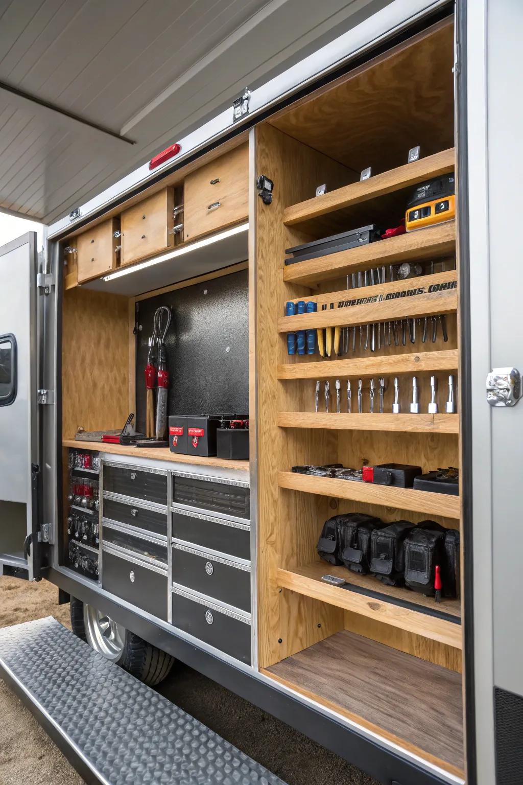 Transform your trailer's V-nose into a tool storage masterpiece with custom shelving.