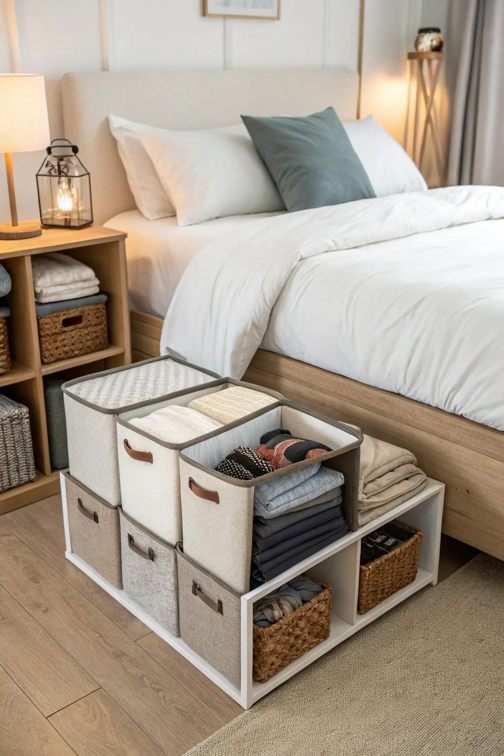 Modular cubes offer customizable storage solutions.
