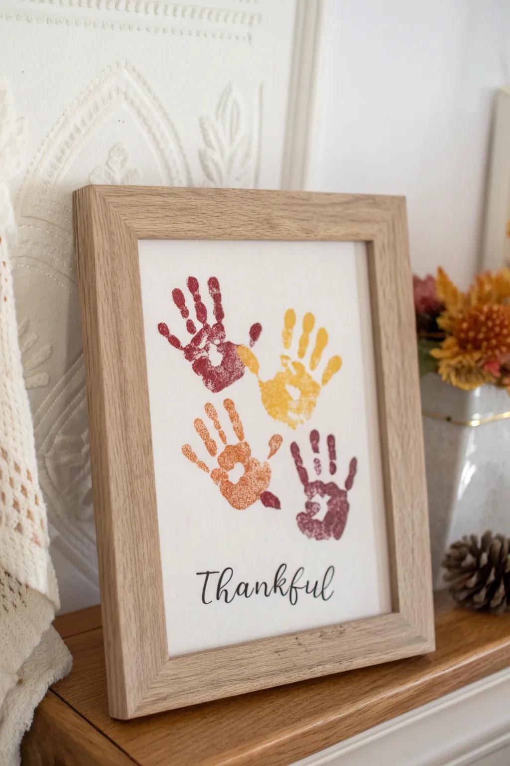 Express your gratitude with minimalist charm: Thankful Handprint Art.
