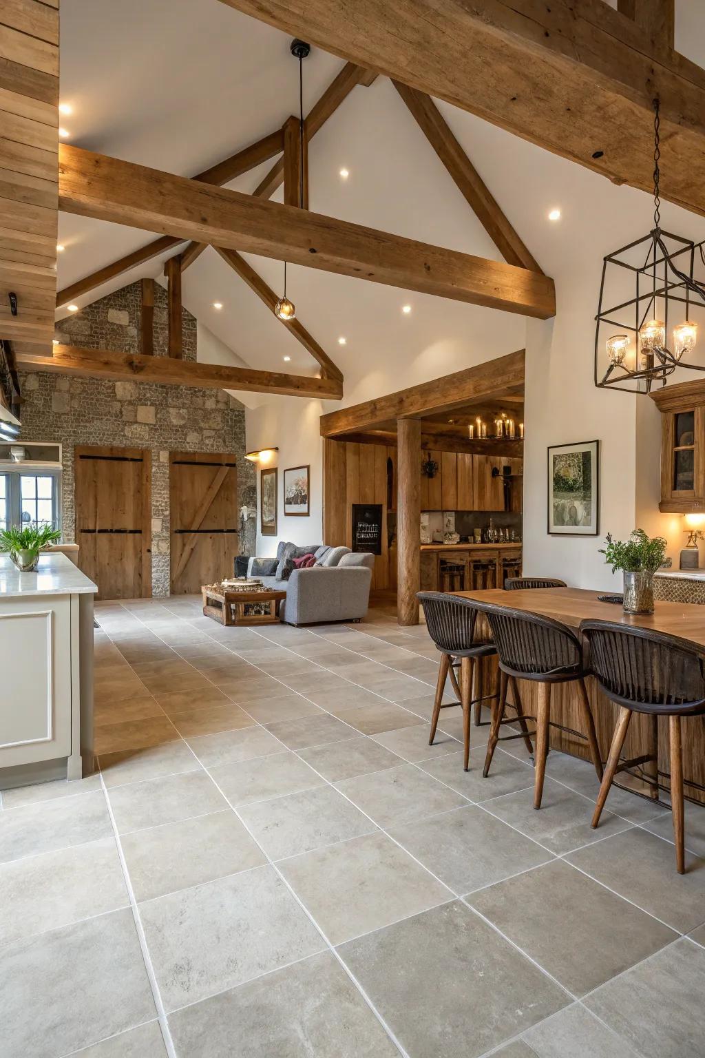 Large format tiles create a seamless and spacious feel in this open-plan farmhouse area.
