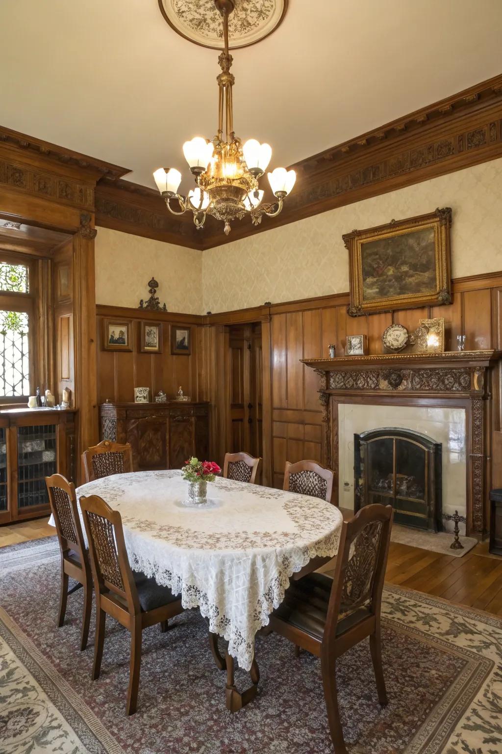 Nostalgic dining room with vintage-inspired wainscoting.