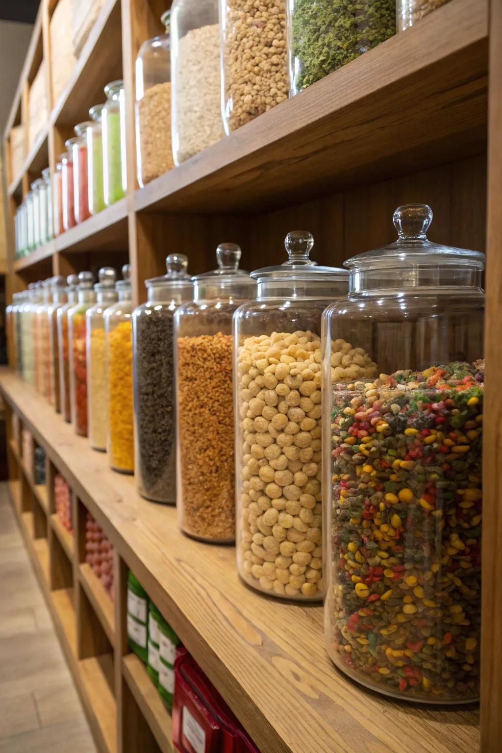 Glass jars for decorative and functional feed storage.