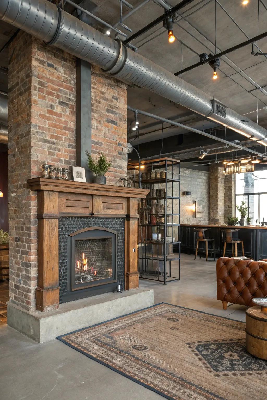 Urban edge with vintage industrial fireplace doors.