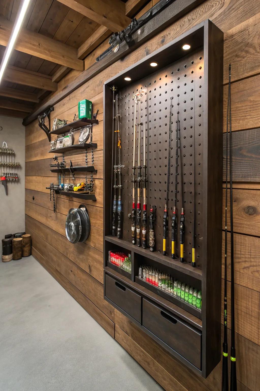 Transform your garage with this stylish pegboard storage solution for all your fishing gear needs.