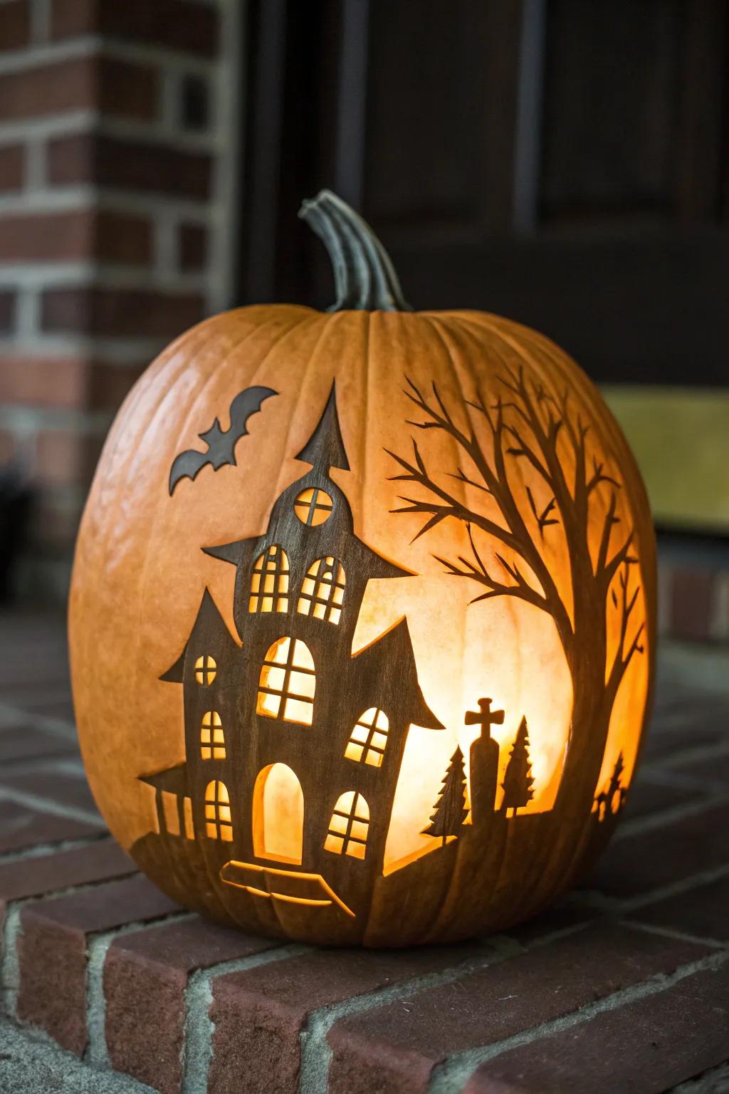Transform your pumpkin into a masterpiece with this stunning haunted house silhouette.