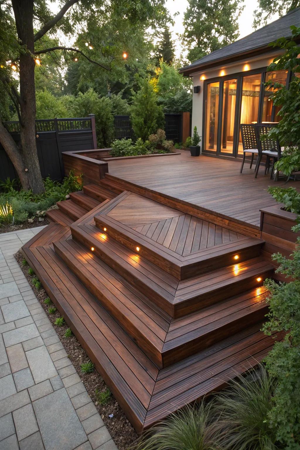 Elevate your outdoor space with stylish tiered deck steps for distinct dining and lounging areas.