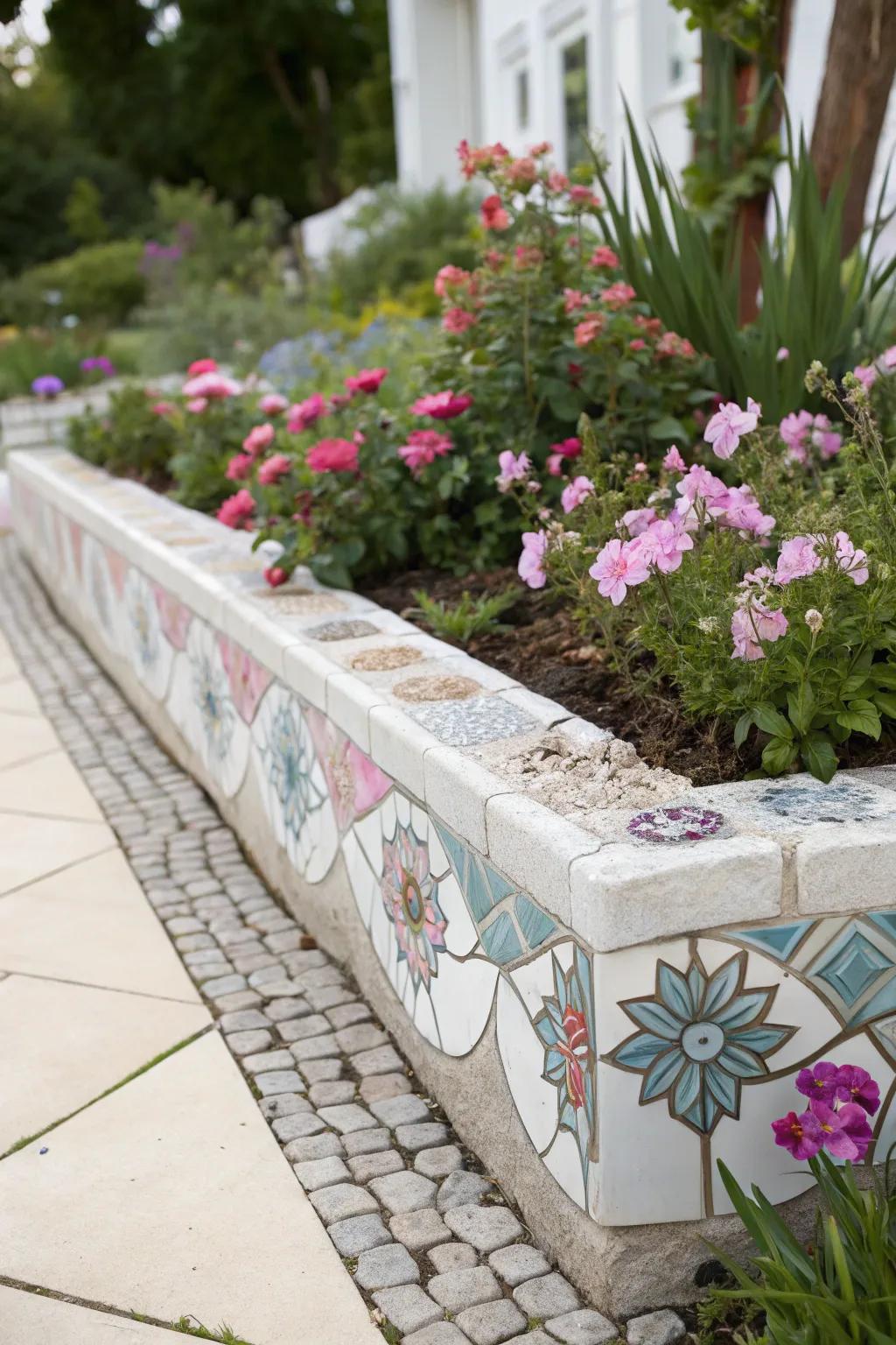 Transform your garden with a stunning tile mosaic border, blending artistry with natural beauty.