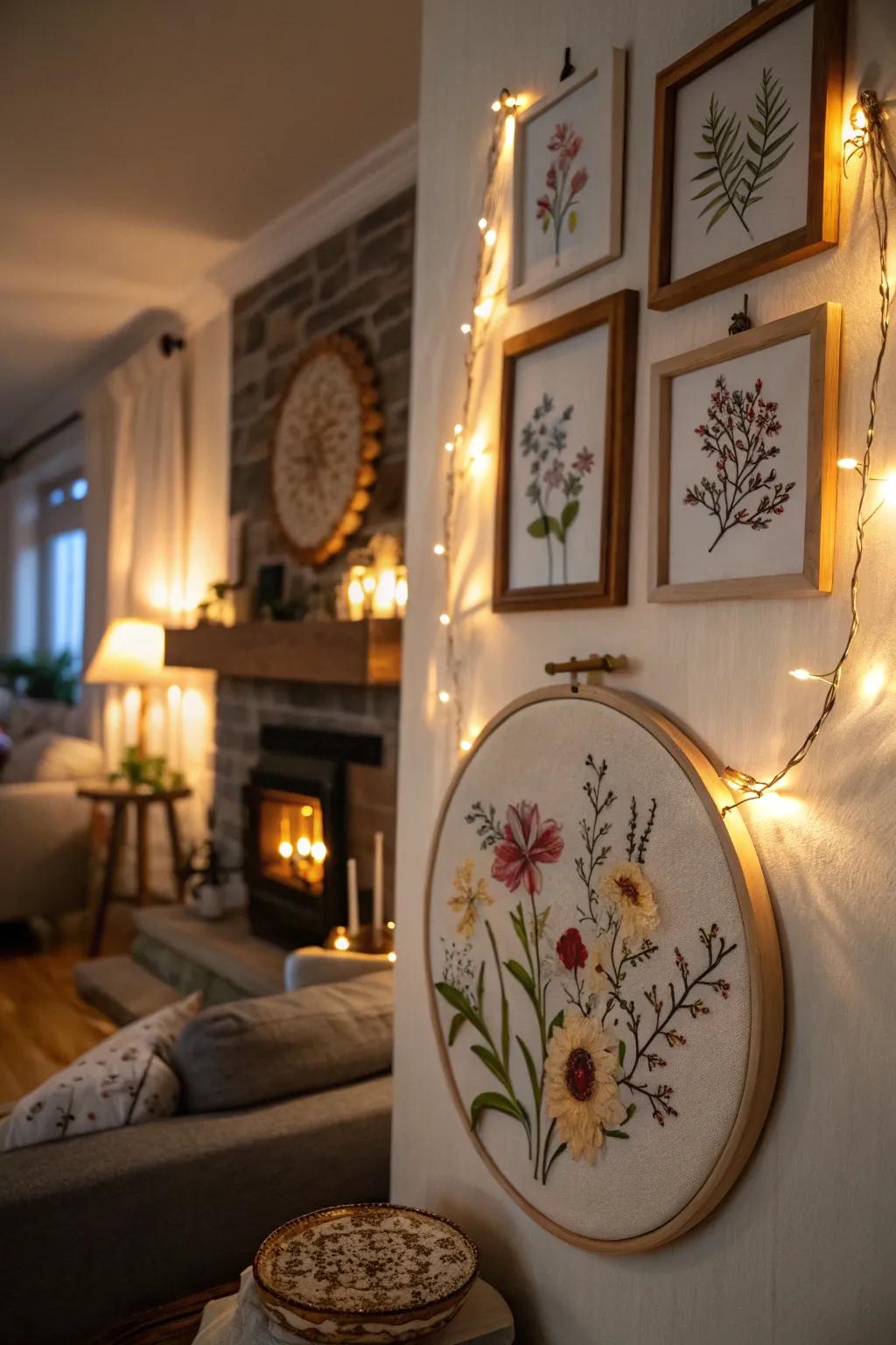 Illuminated frames bring embroidery to life with a warm glow.
