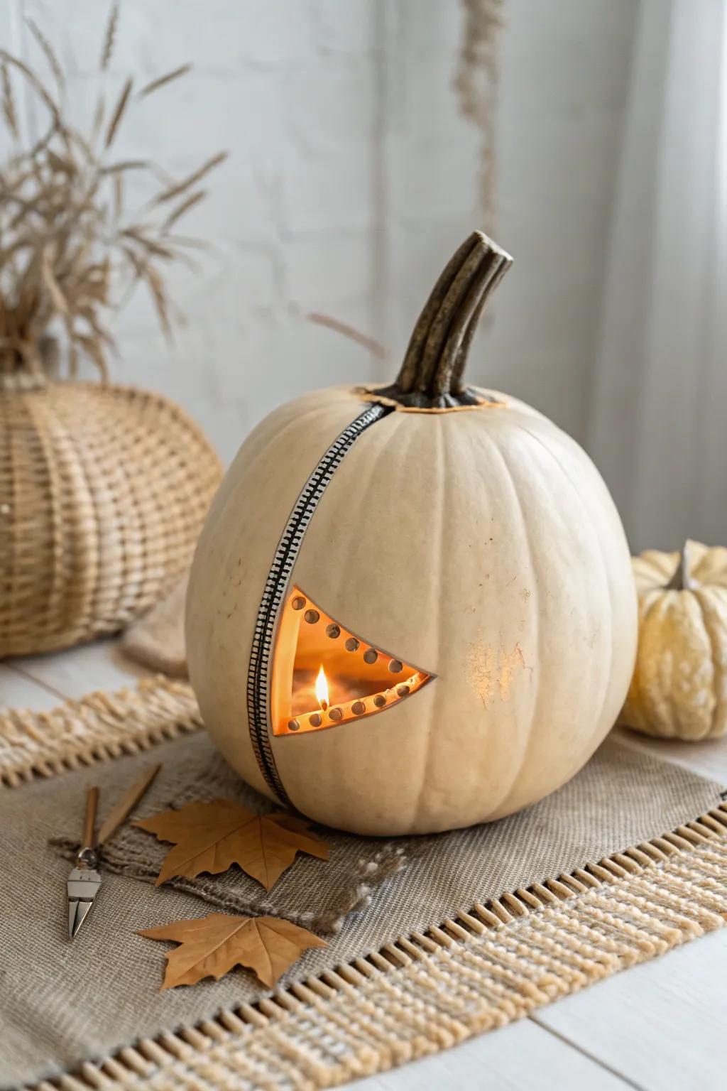 Unlock the mystery with a zipped-up pumpkin masterpiece—where minimalist elegance meets playful intrigue.