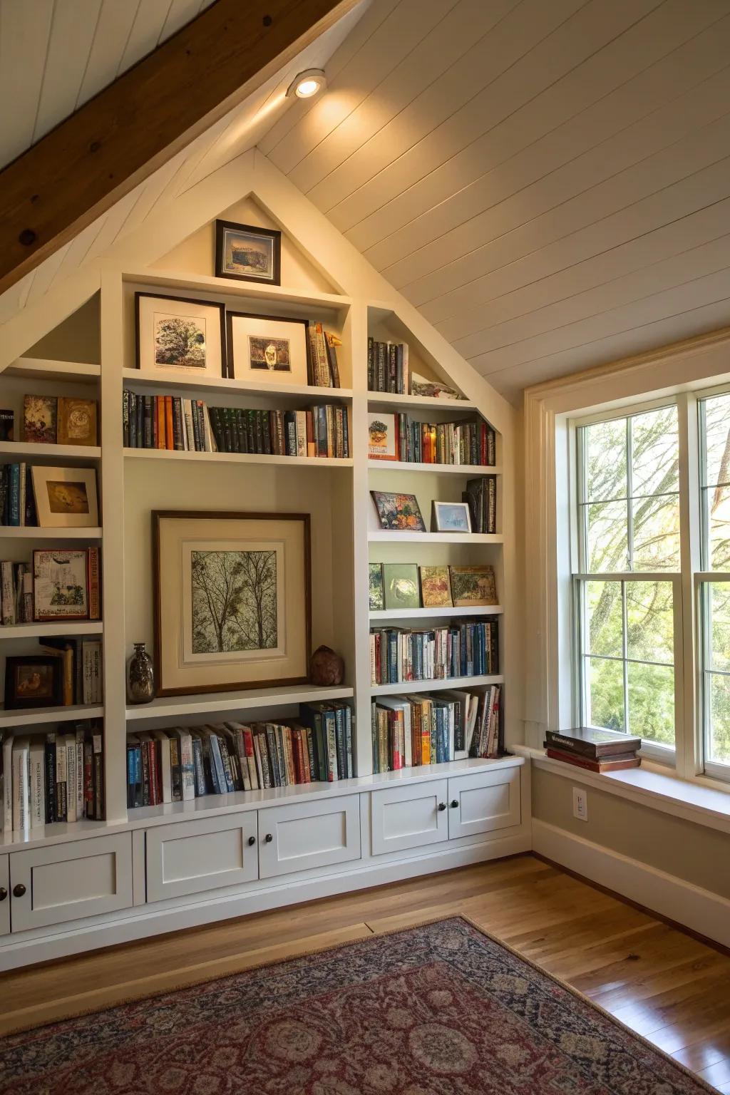 Built-in shelving maximizing vertical space under a gable ceiling.